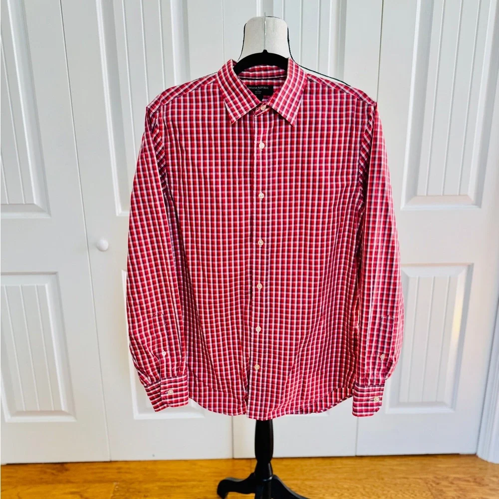Banana Republic Men M Slim Fit Red Gingham Check LS Button Down Dress Shirt